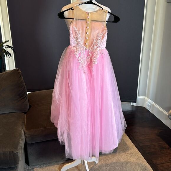 Girls Pink Formal Party Flower Girl Dress High Low Zip Back Beaded Bodice Size 3 - Picture 3 of 9